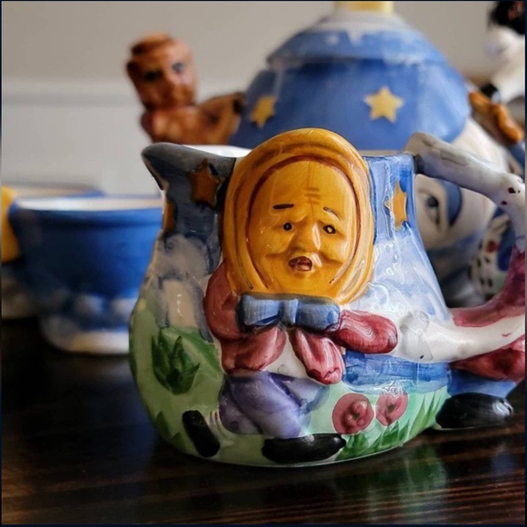 Vintage Cow Jump Over The Moon Blue Nursery Rhyme 5pcs Teapot Set - Picture 2 of 5